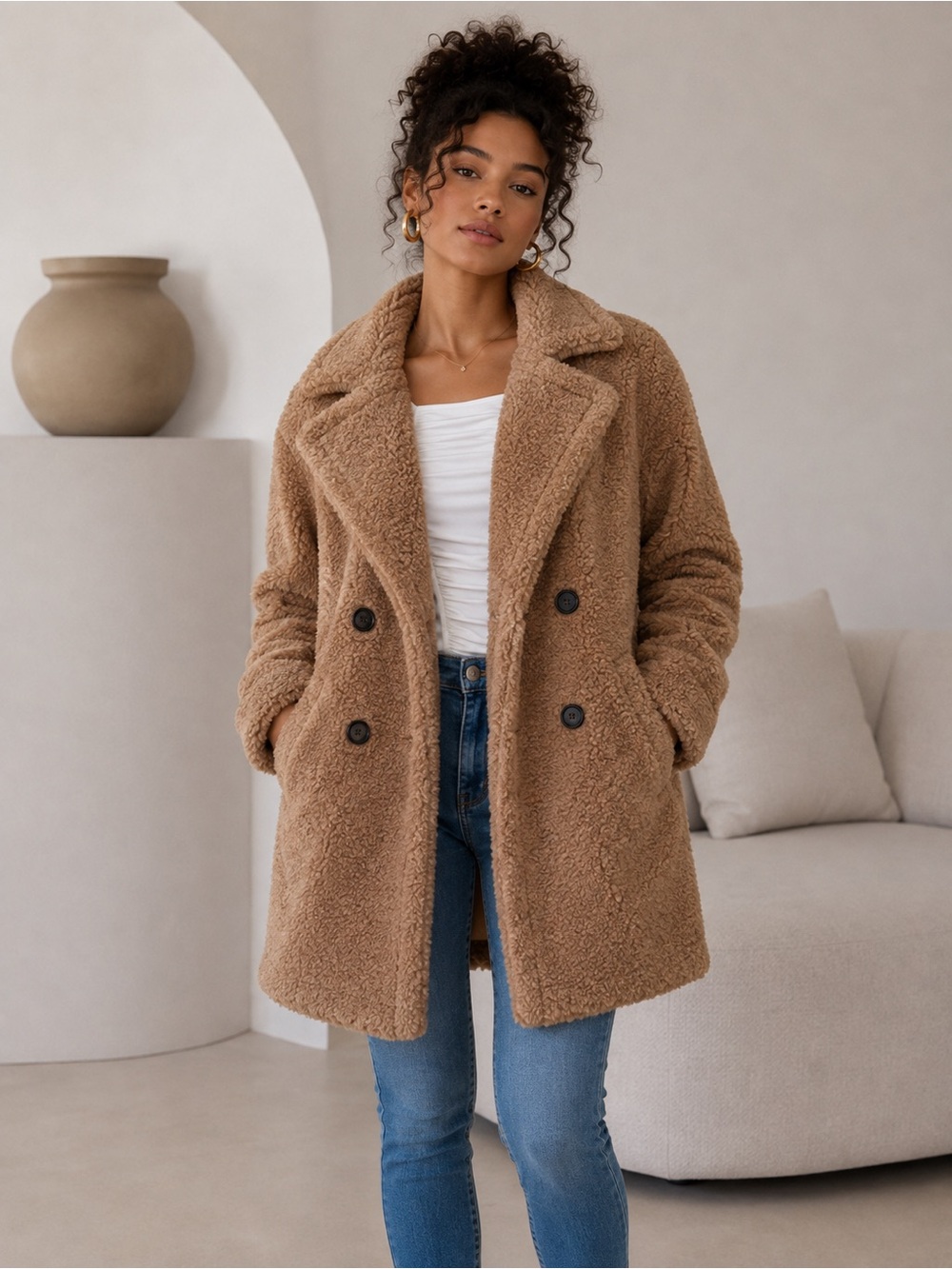 Women's Teddy Double-Breasted Coat - Camel